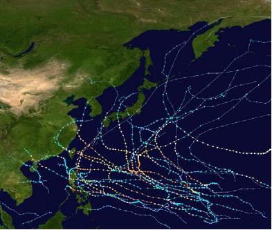 2015年太平洋颱風季颱風路徑圖，黃岩島可謂是南路颱風的必經之地