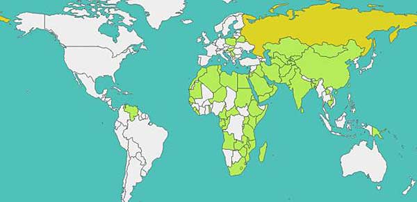 世界地圖中帶顏色的都是支持中國的國家，一共70個