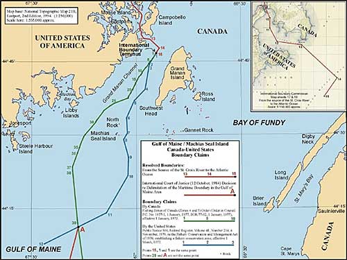 ▍美國與加拿大各自主張的海域劃界，紅線為無爭議邊界，綠線為加拿大主張，藍線為美國主張