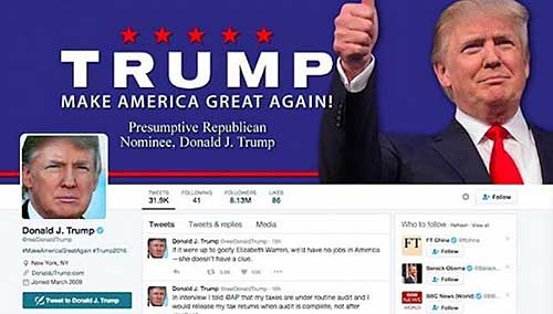 △特朗普玩轉Twitter，粉絲數量是兩黨競選人中最多的。據統計，平均每天發布16條推文