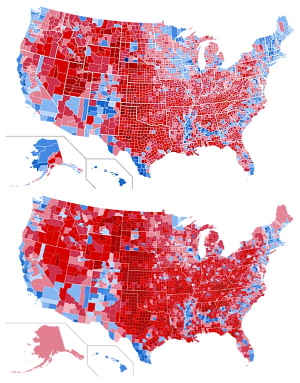 ▲ 美國2012（上圖）與2016（下圖）年總統選舉的郡級變化，紅色愈深代表共和黨支持率愈高，藍色愈深代表民主黨支持率愈高