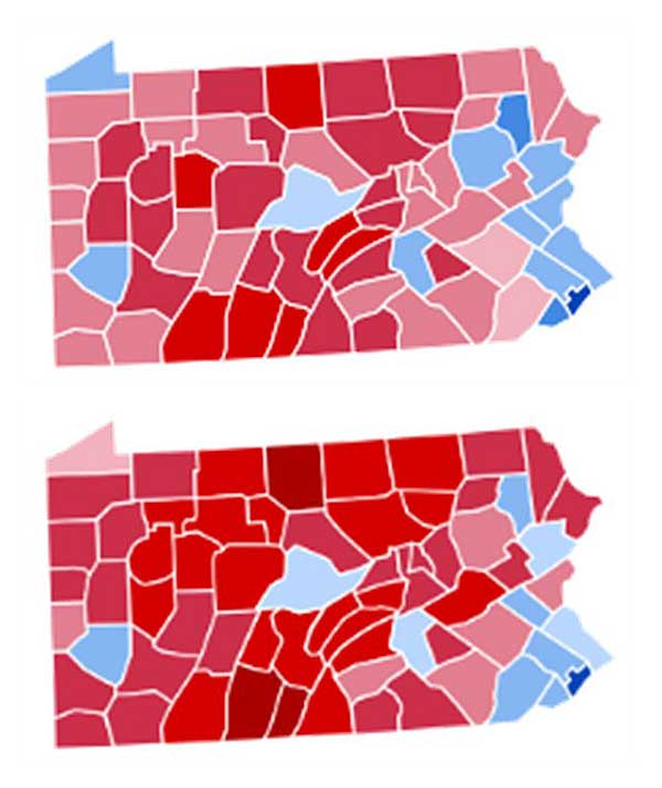 ▲ 賓夕法尼亞州2012（上圖）與2016（下圖）年總統選舉變化，紅色愈深代表共和黨支持率愈高，藍色愈深代表民主黨支持率愈高