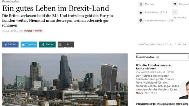 在德國媒體中，有關對英國脫歐的正面看法出現在評論版面上
