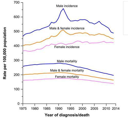 ▲自上世紀90年代的峰值以來，癌症的死亡率出現了持續下降（圖片來源：2017癌症統計）